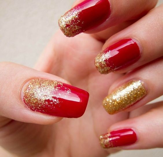 Hot Red Sparkly Shine Valentine's Day Nail Art with gold shimmer