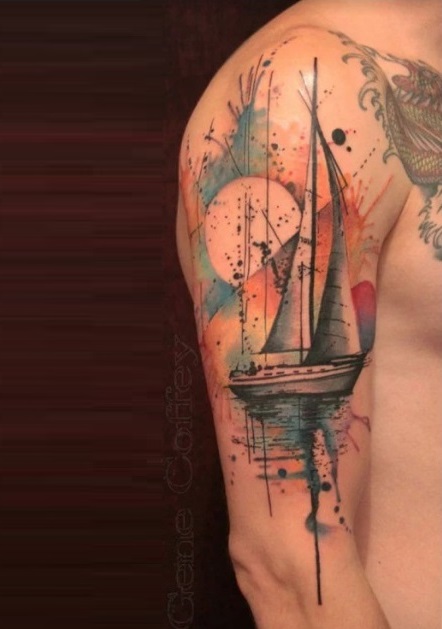 Colorful Arm Landscape Tattoo style for men