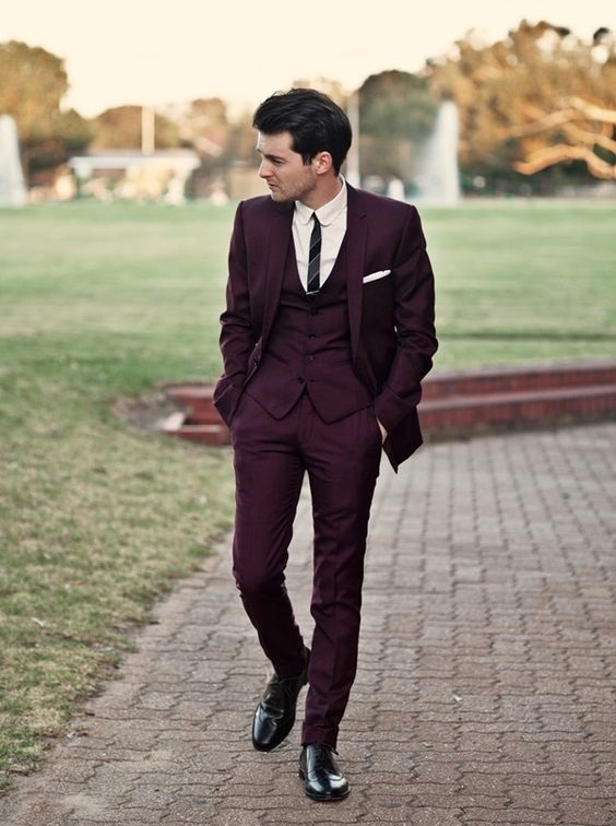 Plum colored Fit Dress Pant & Vest with White Shirt & Black Tie for Groom