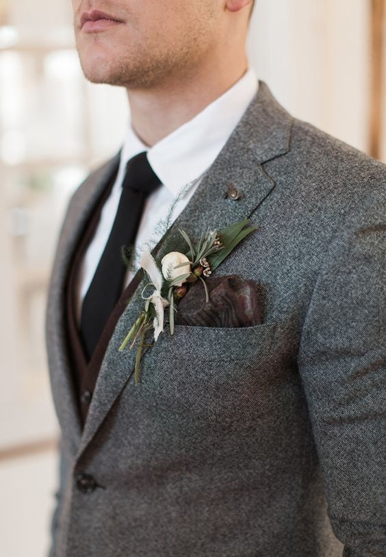 Groom suit for wedding Grained Grey Coat with Maroon Brown Vest
