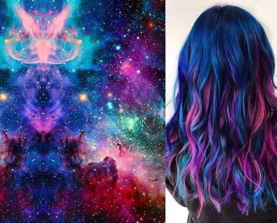 Galaxy hair with lighter shades at tips and darker shades on roots