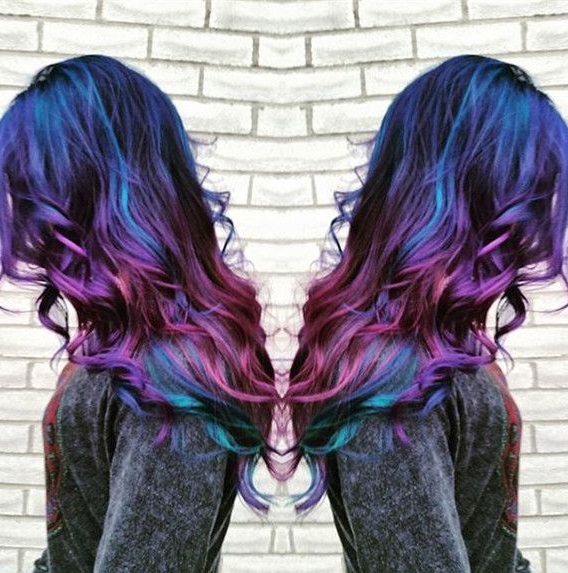 Purple, indigo, violet, and blue shades of galaxy hair