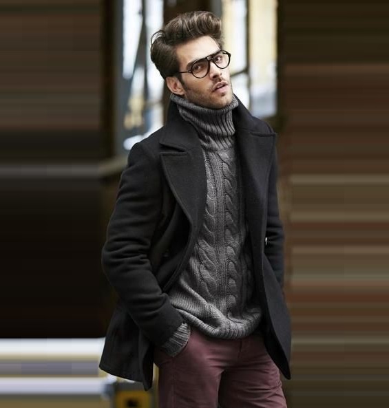 Grey turtleneck sweater with denim pants and black coat for office