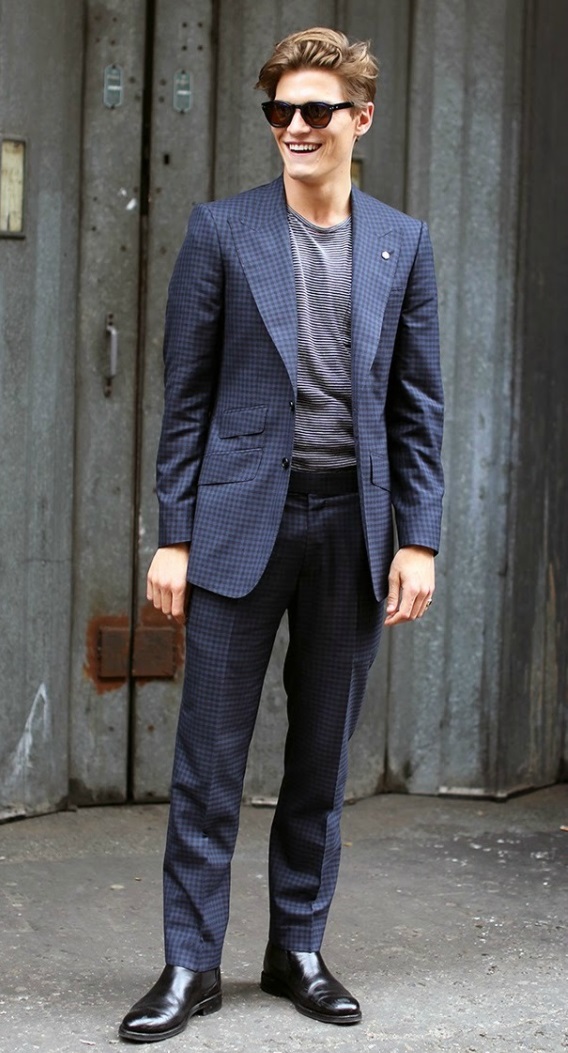 Menswear self-printed monochromatic blue check suit for office